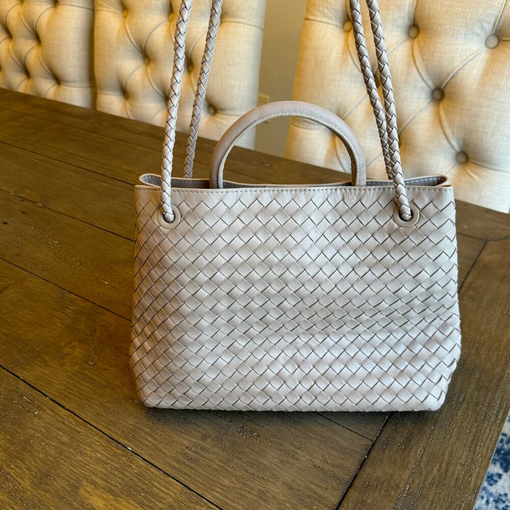 Quince Italian Leather Handwoven Satchel Double Straps Taupe Top Grain Boho $149